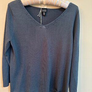 Eileen Fisher Teal V-Neck Sweater – Italian Yarn – Beaded Neckline – Size Medium